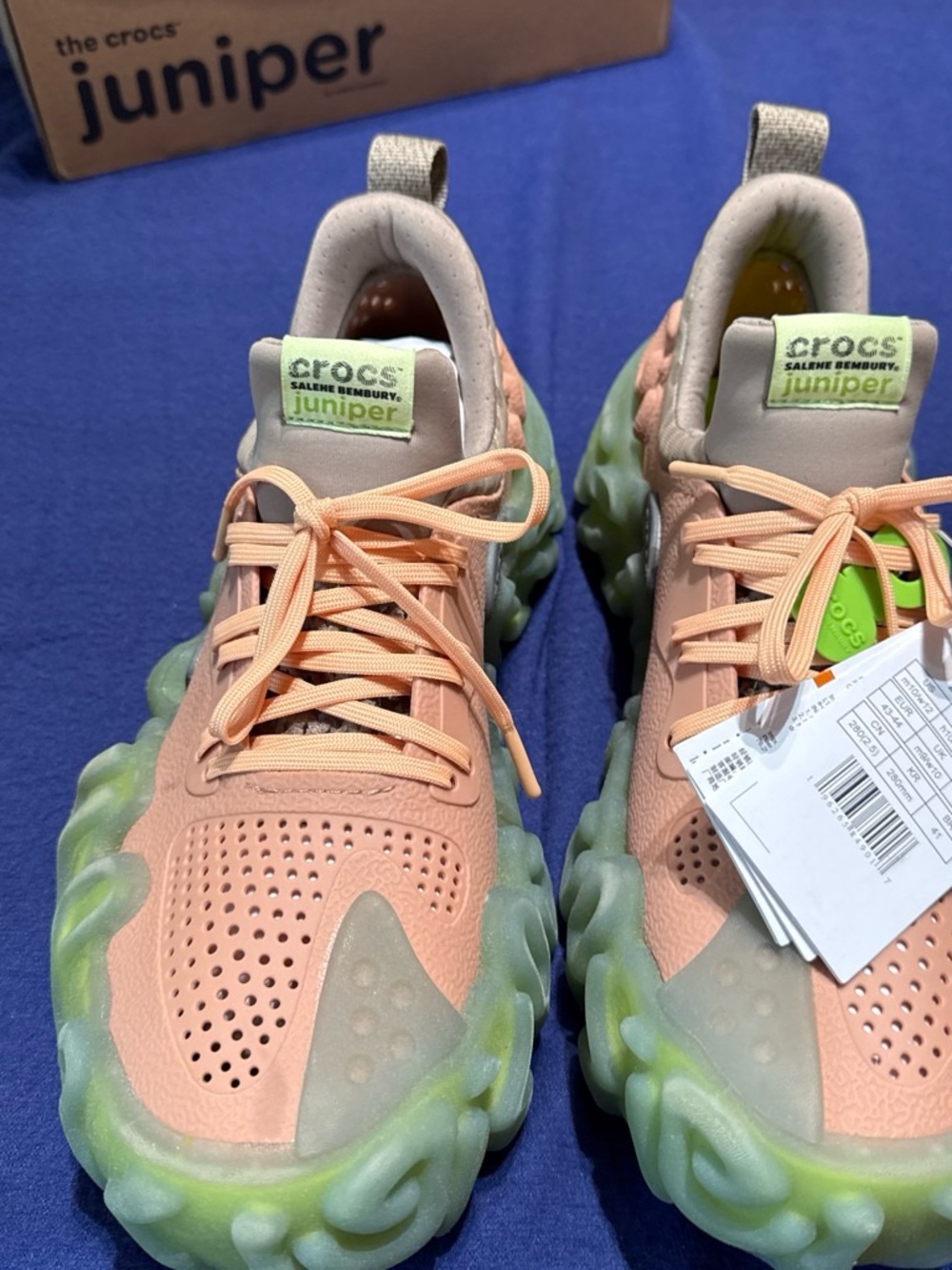 CROCS Juniper Coral Pink Sneakers with Lime Green Cloud Sole